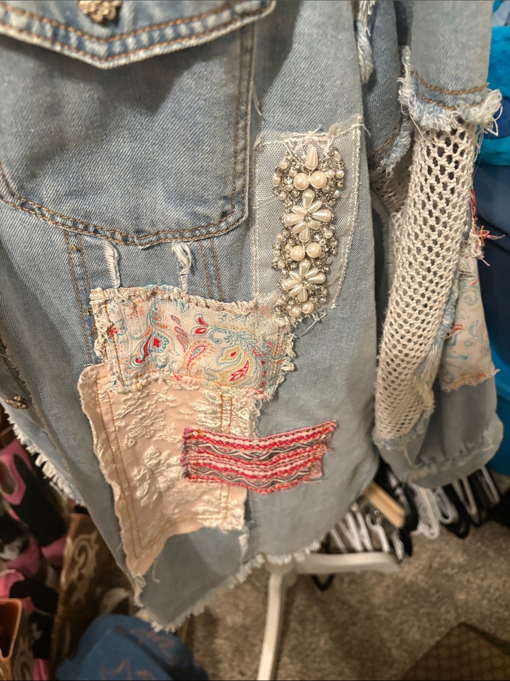 POL Light Blue Patchwork Denim Jacket with Cream & Red Accents small nwot - Picture 5 of 5